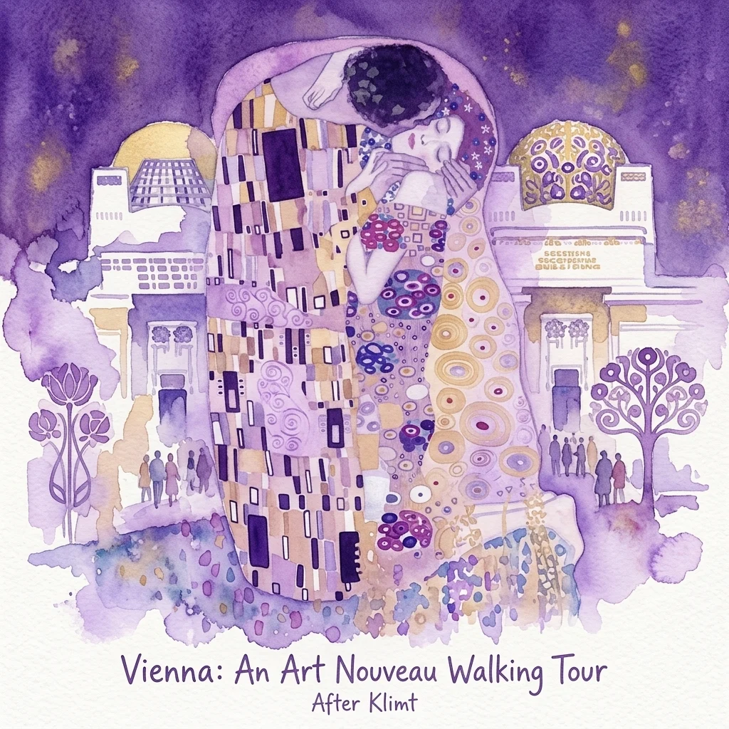 Ilustracja akwarelowa 'Pocałunku' Gustava Klimta zintegrowana z wiedeńską architekturą secesyjną, promująca pieszą wycieczkę po dziedzictwie Klimta w mieście.