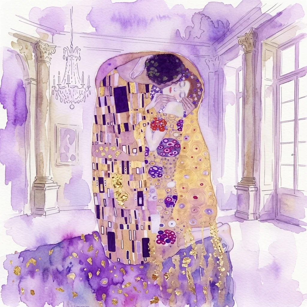 Gustav Klimt's 'De Kus' geschilderd in de Opper-Belvedere galerie, met ingewikkelde bladgoudpatronen en een romantisch stel dat elkaar omhelst in een weelderige omgeving.