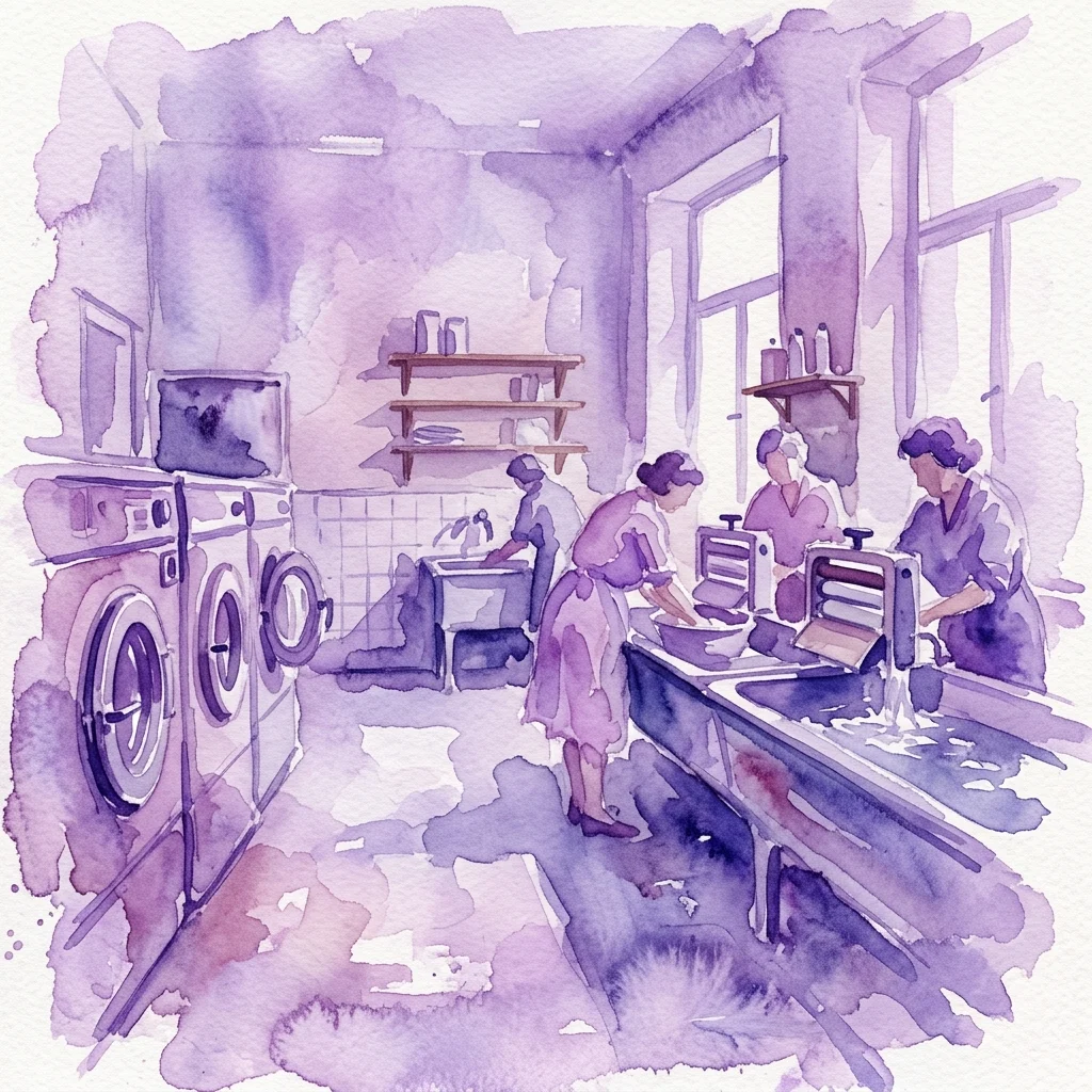 Ilustracja akwarelowa przedstawiająca wnętrze zabytkowej pralni z kobietami korzystającymi z zabytkowych pralek i wspólnych umywalek, odzwierciedlająca historię społeczną wiedeńskiego okresu Czerwonego Wiednia.