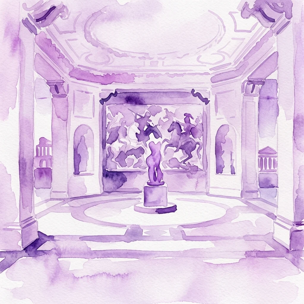 Una ilustración en acuarela del interior del Museo de Éfeso, con un relieve romano central que representa escenas de batalla y jinetes, rodeado de columnas clásicas y maquetas arquitectónicas.