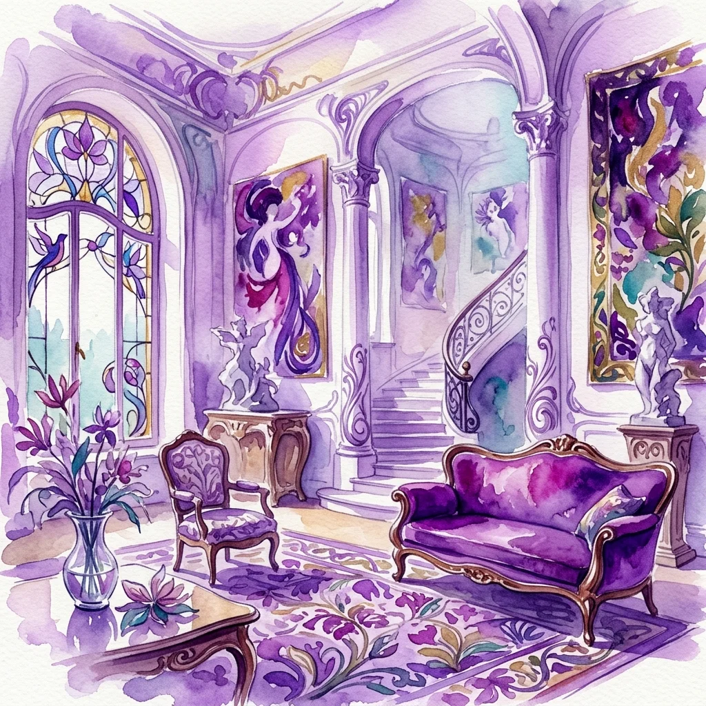 Bogate wnętrze w stylu Art Nouveau z żywymi fioletowymi odcieniami, z witrażami, ozdobnymi meblami i obrazami w stylu fantastycznego realizmu Ernsta Fuchsa.