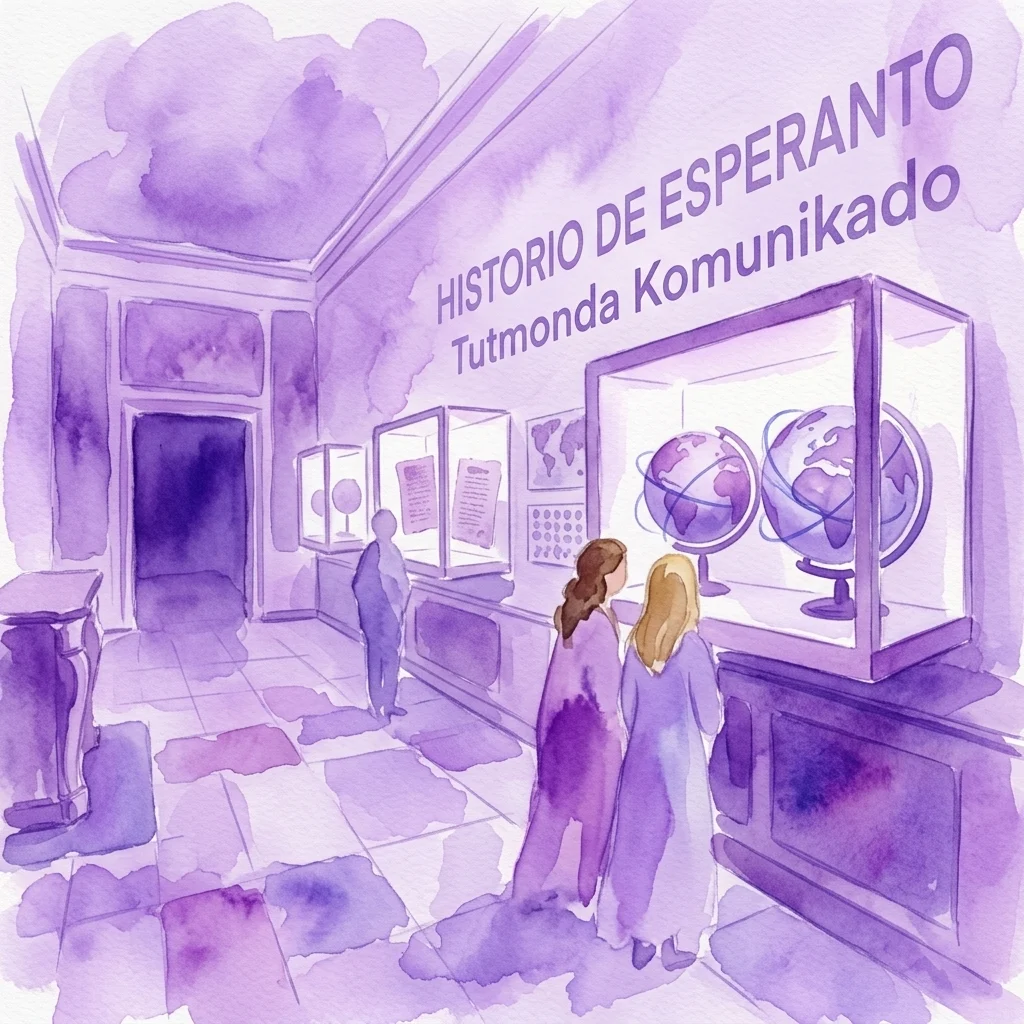 Ilustración en acuarela de visitantes viendo una exposición de museo sobre la historia del Esperanto, con globos terráqueos y documentos en vitrinas con texto en Esperanto.
