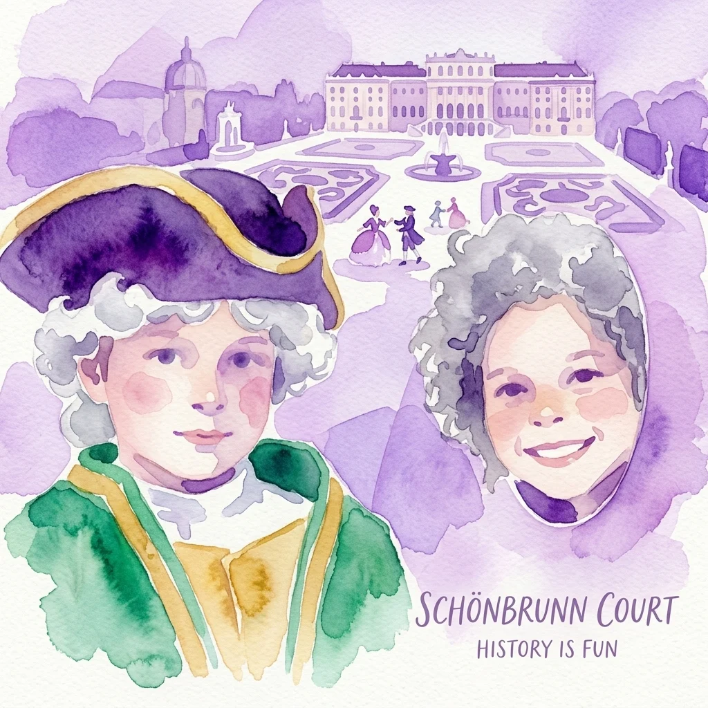 Ilustración en acuarela de niños con atuendos históricos de corte en el Palacio de Schönbrunn, con un jardín y palacio de tonos púrpuras al fondo, promocionando una experiencia histórica interactiva.