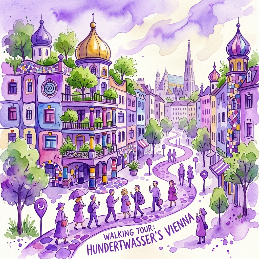 Kolorowa ilustracja akwarelowa spaceru po Wiedniu, przedstawiająca charakterystyczną architekturę Hundertwassera z żywymi budynkami, zielonymi dachami i krętą ścieżką przez miasto.