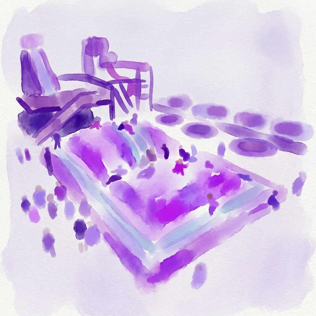 A purple watercolor illustration of an indoor playground with children playing on a large trampoline, climbing structures, and slides.