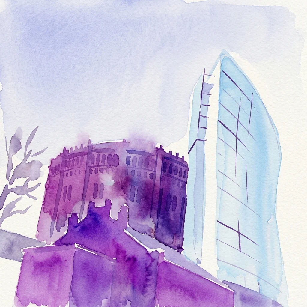 Ilustracja akwarelowa dawnych gazowni w Wiedniu, przedstawiająca zabytkowe konstrukcje przemysłowe z nowoczesnymi szklanymi dodatkami, wykonana w odcieniach fioletu i błękitu.