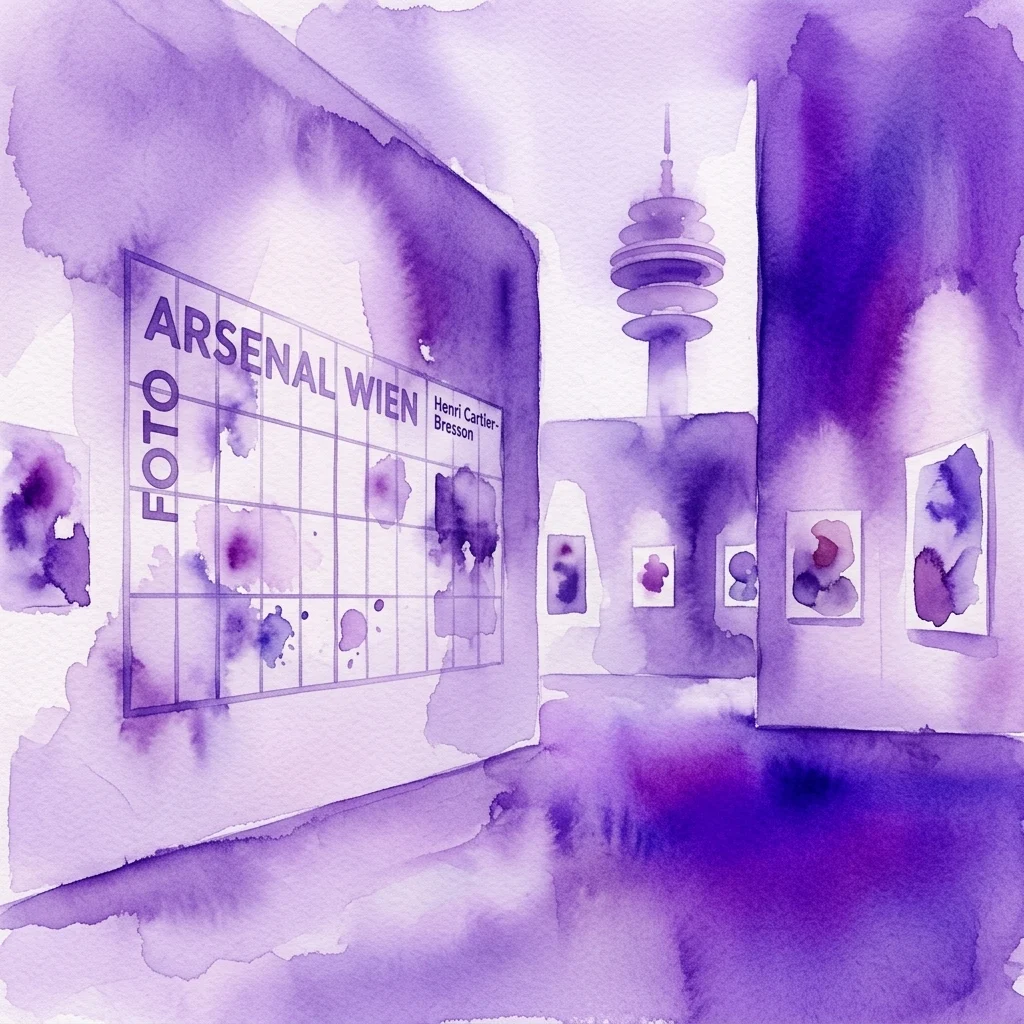 Watercolor illustration of the Foto Arsenal Wien exhibition space, featuring purple-hued walls, framed photographs, and the iconic Vienna TV Tower in the background.