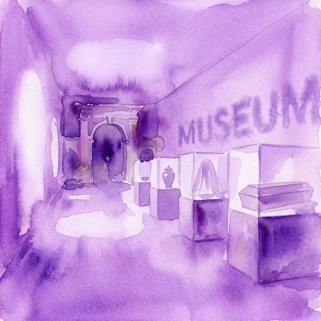 Ilustracja akwarelowa wnętrza Muzeum Pogrzebowego w Wiedniu, przedstawiająca gabloty z artefaktami i atmosferę w odcieniach fioletu.