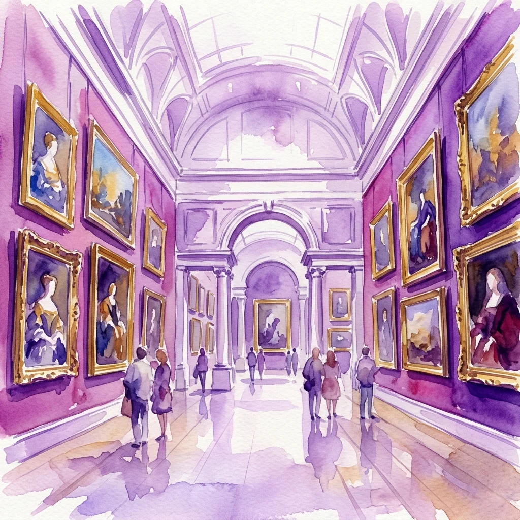 Een aquarel van de Gemäldegalerie der Akademie der bildenden Künste, die een grote zaal toont met sierlijke paarse muren, schilderijen van Oude Meesters in gouden lijsten en bezoekers die de collectie verkennen.