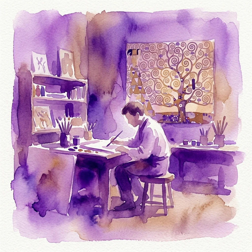 A watercolor illustration of a young artist, representing Gustav Klimt, working at a desk in a Viennese studio with art supplies and a painting of a tree with swirling patterns on the wall.