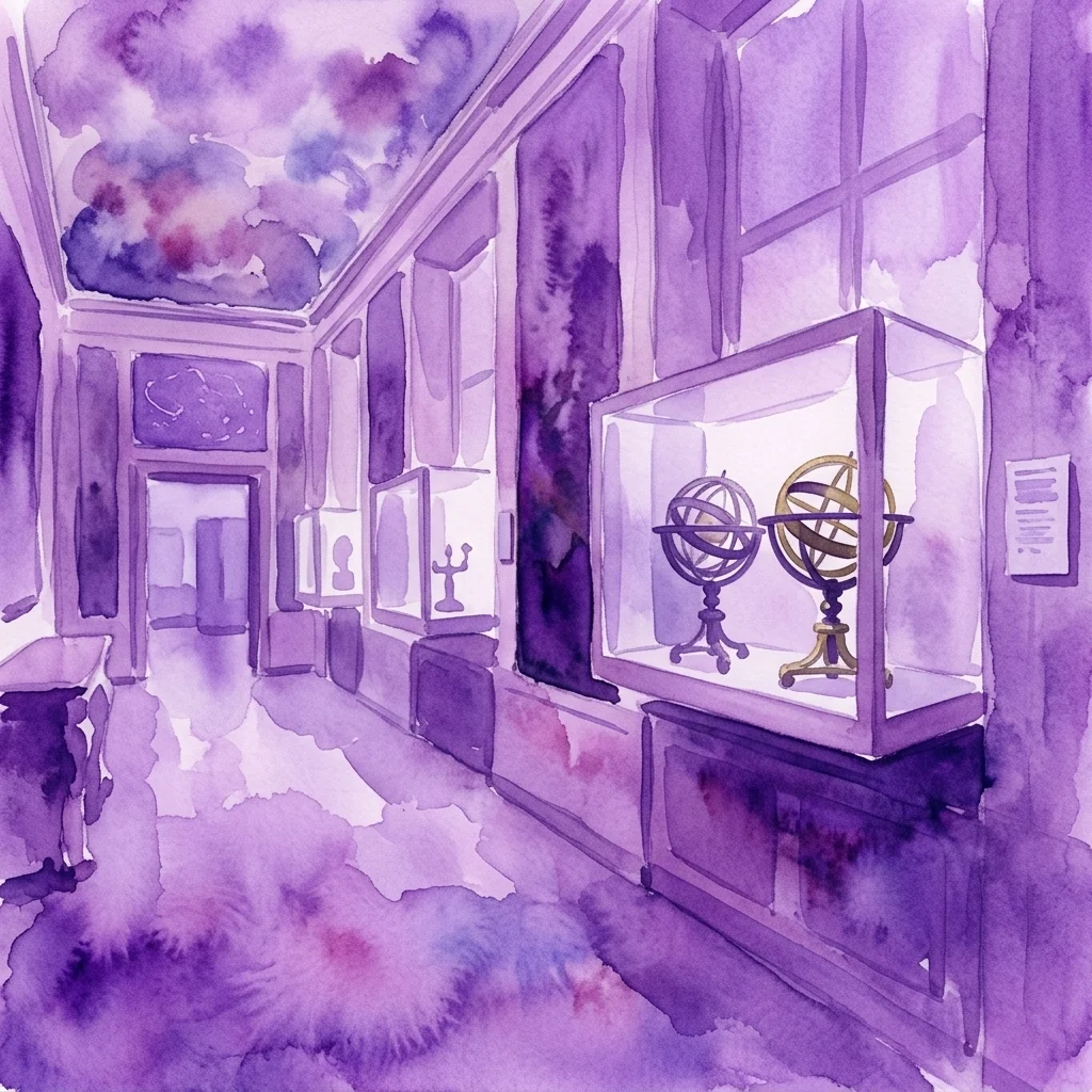 Een aquarel van het interieur van het Globemuseum, met antieke globes en hemelse instrumenten in vitrines in een grootse bibliotheekomgeving.