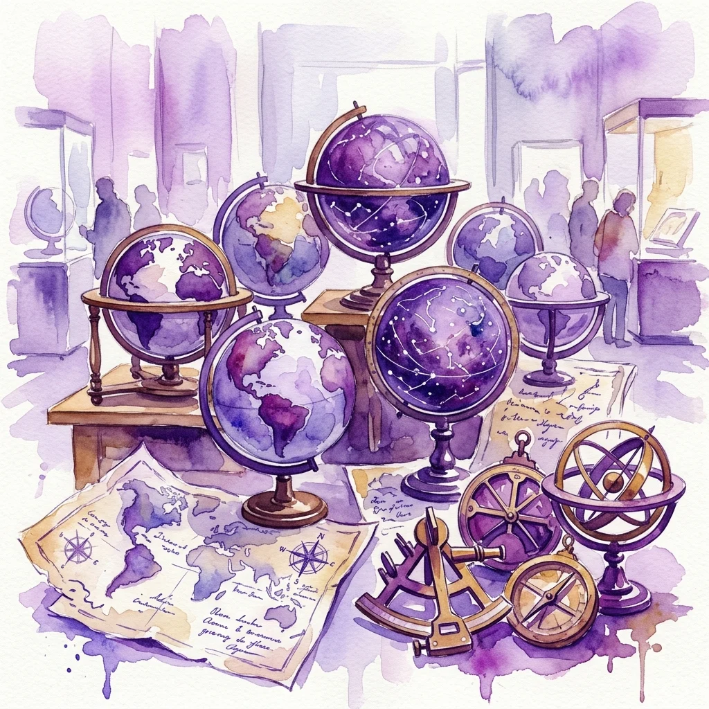 Ilustracja akwarelowa antycznych globusów, map nieba i instrumentów astronomicznych w muzealnej gablocie, reprezentująca kolekcję historycznych artefaktów kartograficznych Globenmuseum.