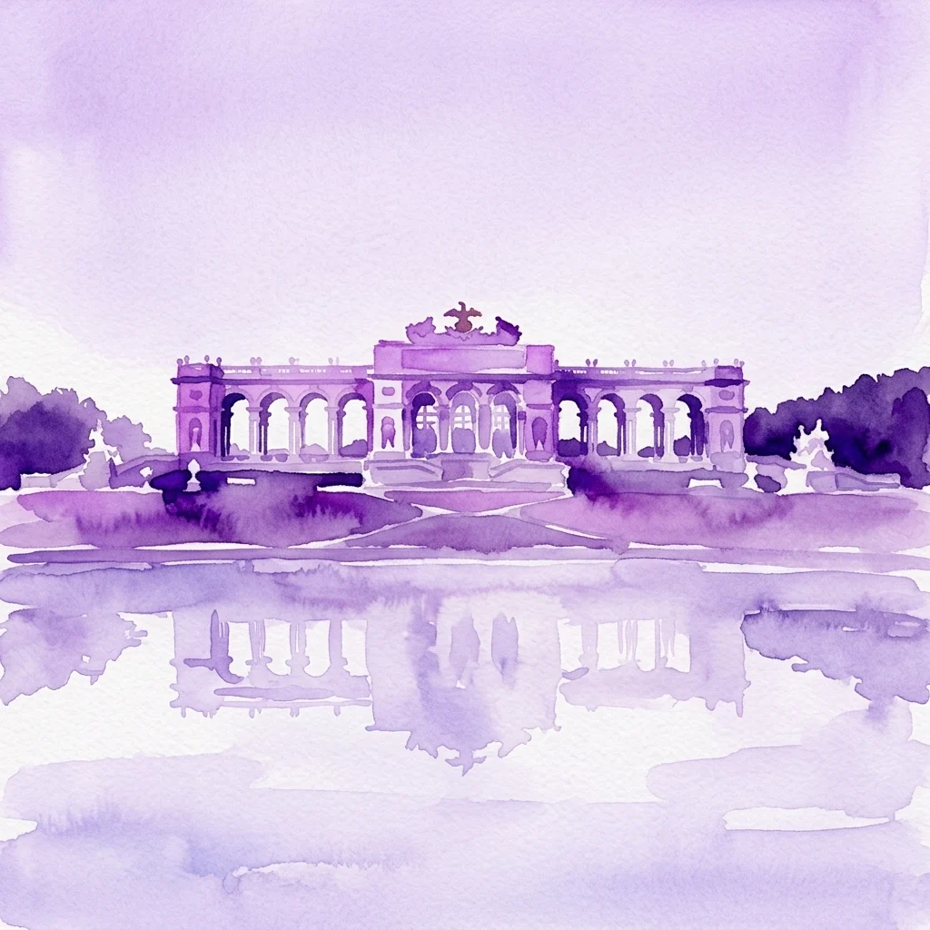 Ilustración en acuarela de la Gloriette, una estructura neoclásica con columnatas arqueadas, ubicada en una colina con vistas a jardines y un palacio, reflejada en el agua.
