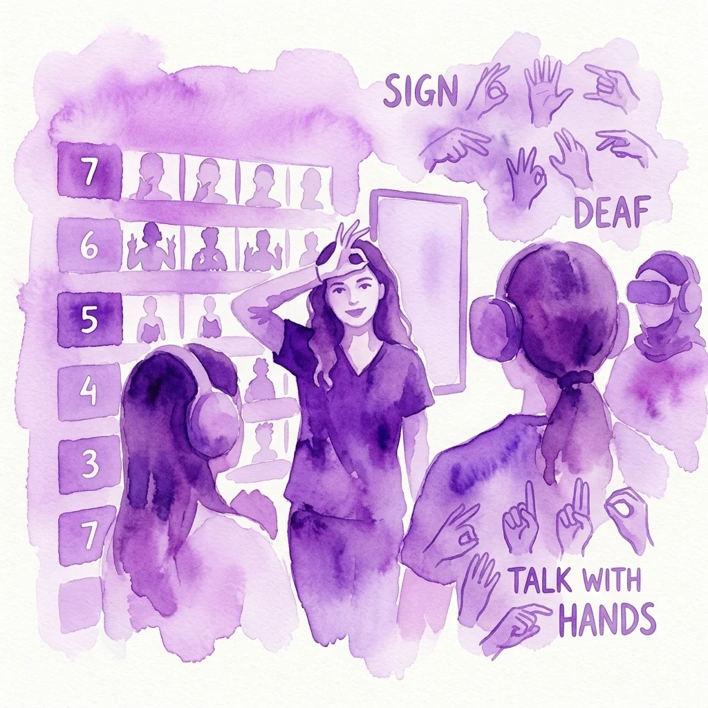 Ilustracja interaktywnej wystawy zatytułowanej 'Hands Up', z udziałem głuchych przewodników uczących języka migowego, gdzie odwiedzający uczą się komunikować za pomocą gestów rąk i znaków.