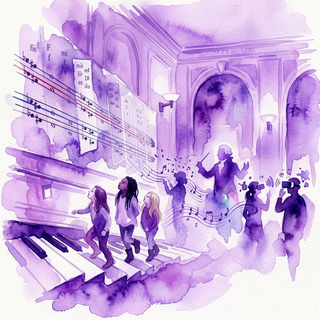 Een artistieke aquarelillustratie van bezoekers die het Haus der Musik in Wenen verkennen, met interactieve tentoonstellingen, muzieknoten en een holografische componist in een historische paleisomgeving.