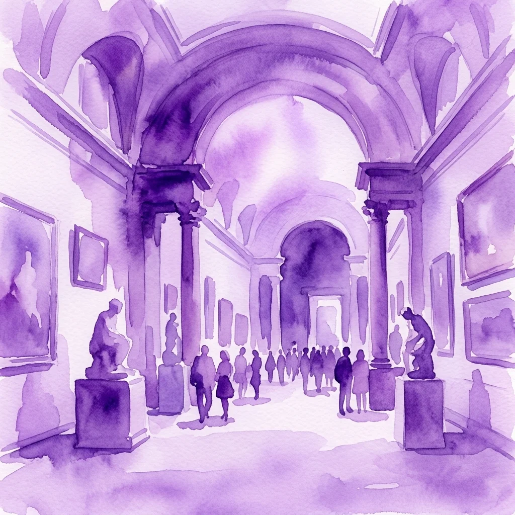 Ilustracja akwarelowa galerii Heidi Horten Collection, przedstawiająca łukowe sufity, kolumny i zwiedzających oglądających współczesną sztukę we wnętrzu w odcieniach fioletu.