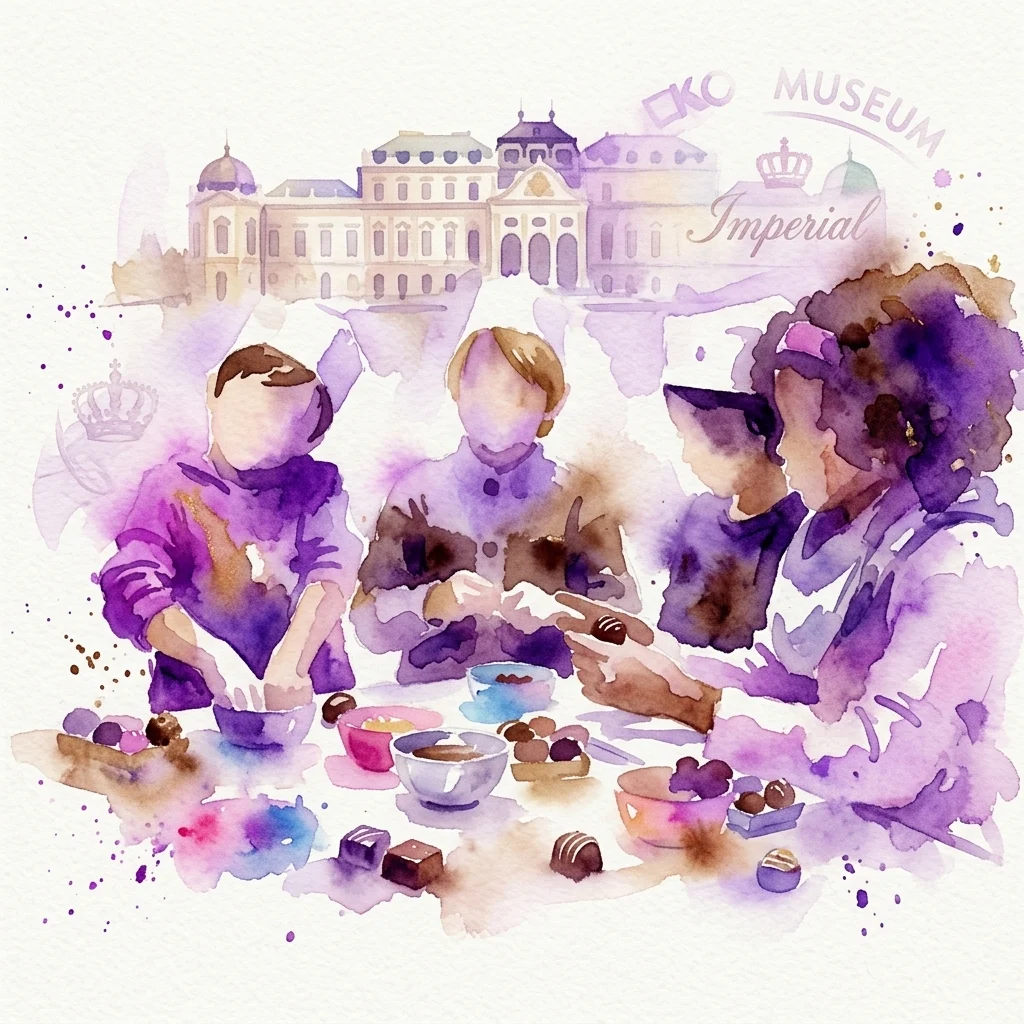 Ilustracja akwarelowa dzieci delektujących się czekoladkami przy stole z Muzeum Czekolady Heindl i Pałacem Cesarskim w Wiedniu w tle.