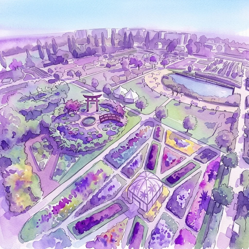 Ilustracja akwarelowa z lotu ptaka Ogrodów Botanicznych Hirschstetten, przedstawiająca tematyczne sekcje, w tym ogród japoński z bramą torii i centralną palmarnią, na tle czystego nieba.