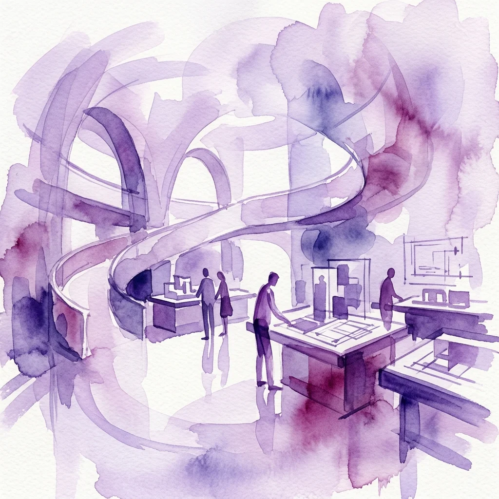 Ilustracja akwarelowa nowoczesnego wnętrza muzeum z odwiedzającymi oglądającymi modele architektoniczne i plany, z zakrzywioną klatką schodową i minimalistycznym wystrojem.