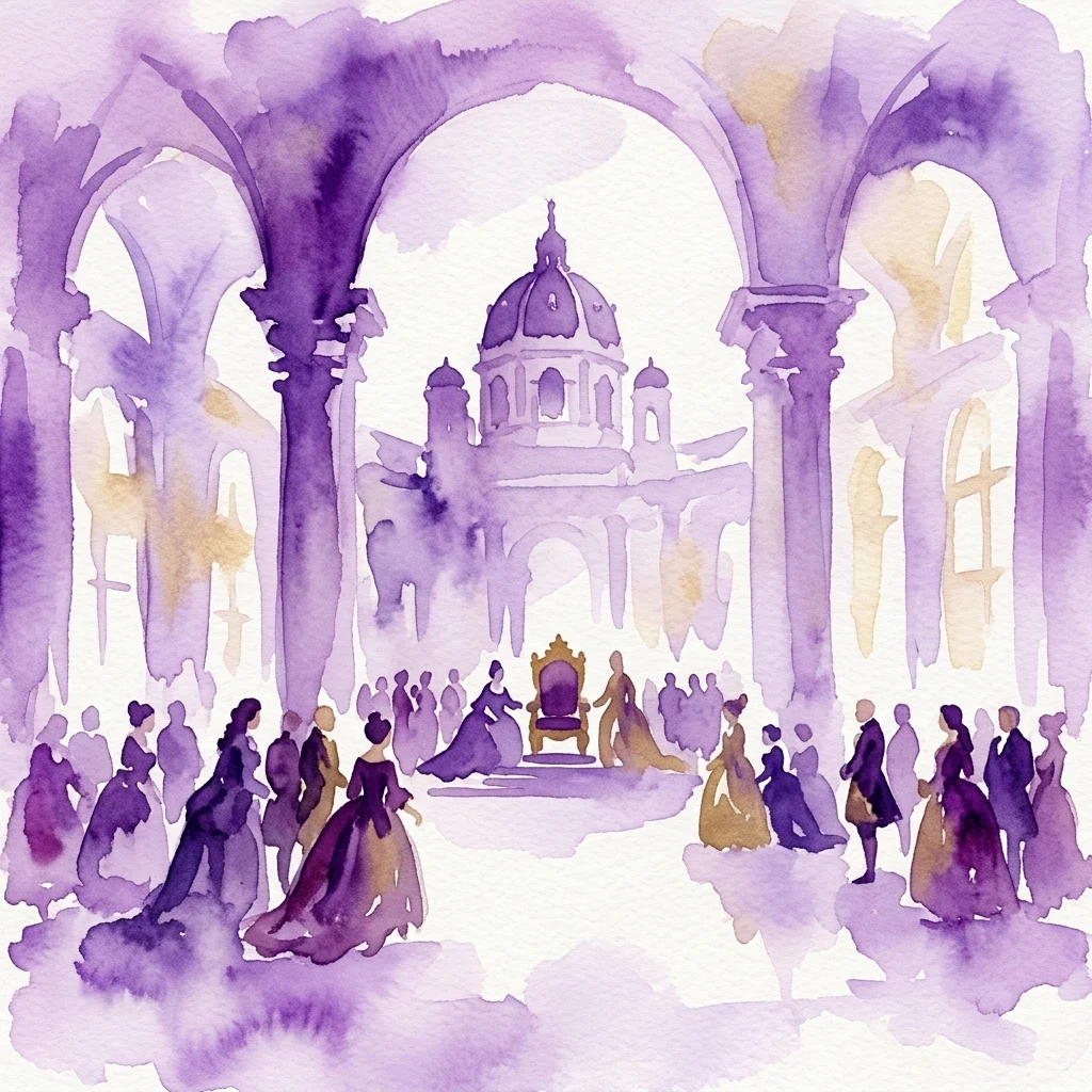 Ilustracja akwarelowa przedstawiająca historyczną inscenizację dynastii Habsburgów w wielkiej sali Neue Hofburg, z postaciami w strojach z epoki i tronem pod arkadowymi kolumnami.