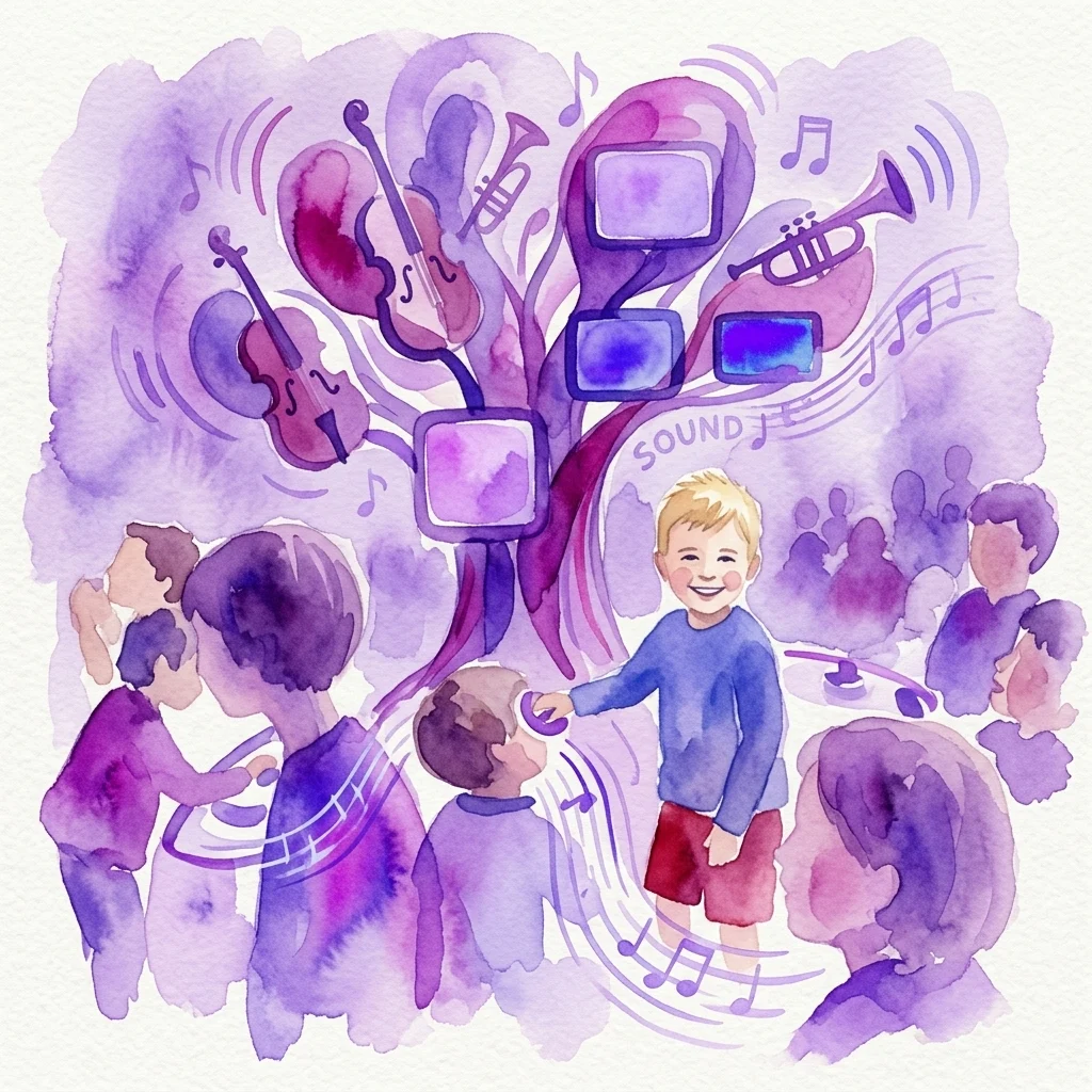 Niños explorando música en la Casa de la Música para Niños en Viena, interactuando con instrumentos gigantes y pantallas digitales en una vibrante ilustración de acuarela con tonos morados.