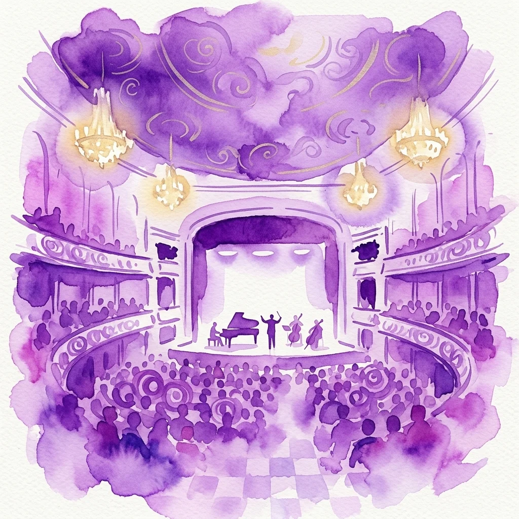 Waterverfillustratie van het historische Strauss Hall interieur, met sierlijke paarse plafonds, kristallen kroonluchters en een concert in uitvoering met een pianist en orkest op het podium.