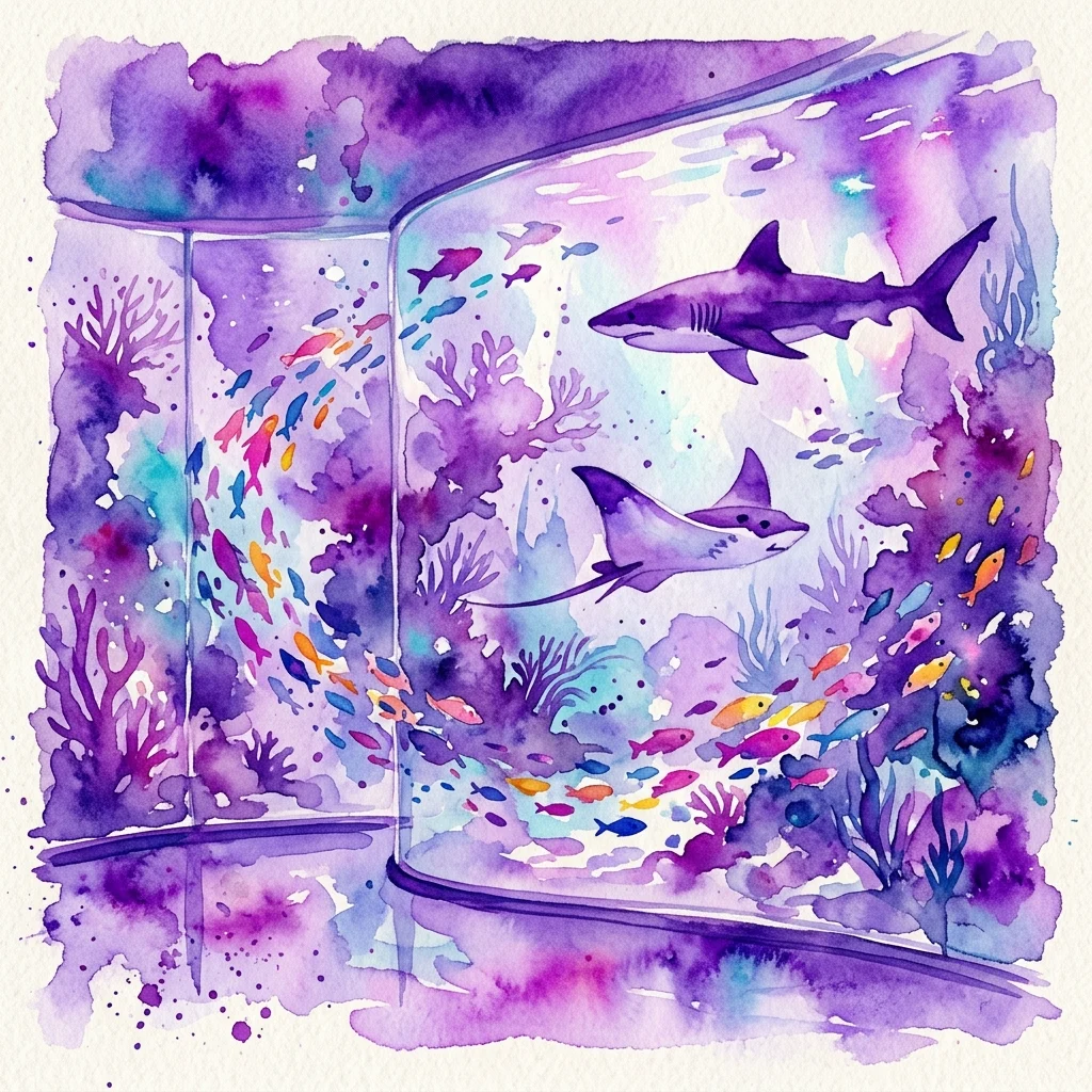 Een aquarelillustratie van een aquarium met een haai, een rog en kleurrijke vissen die tussen koraalriffen en onderwaterrotsen zwemmen.