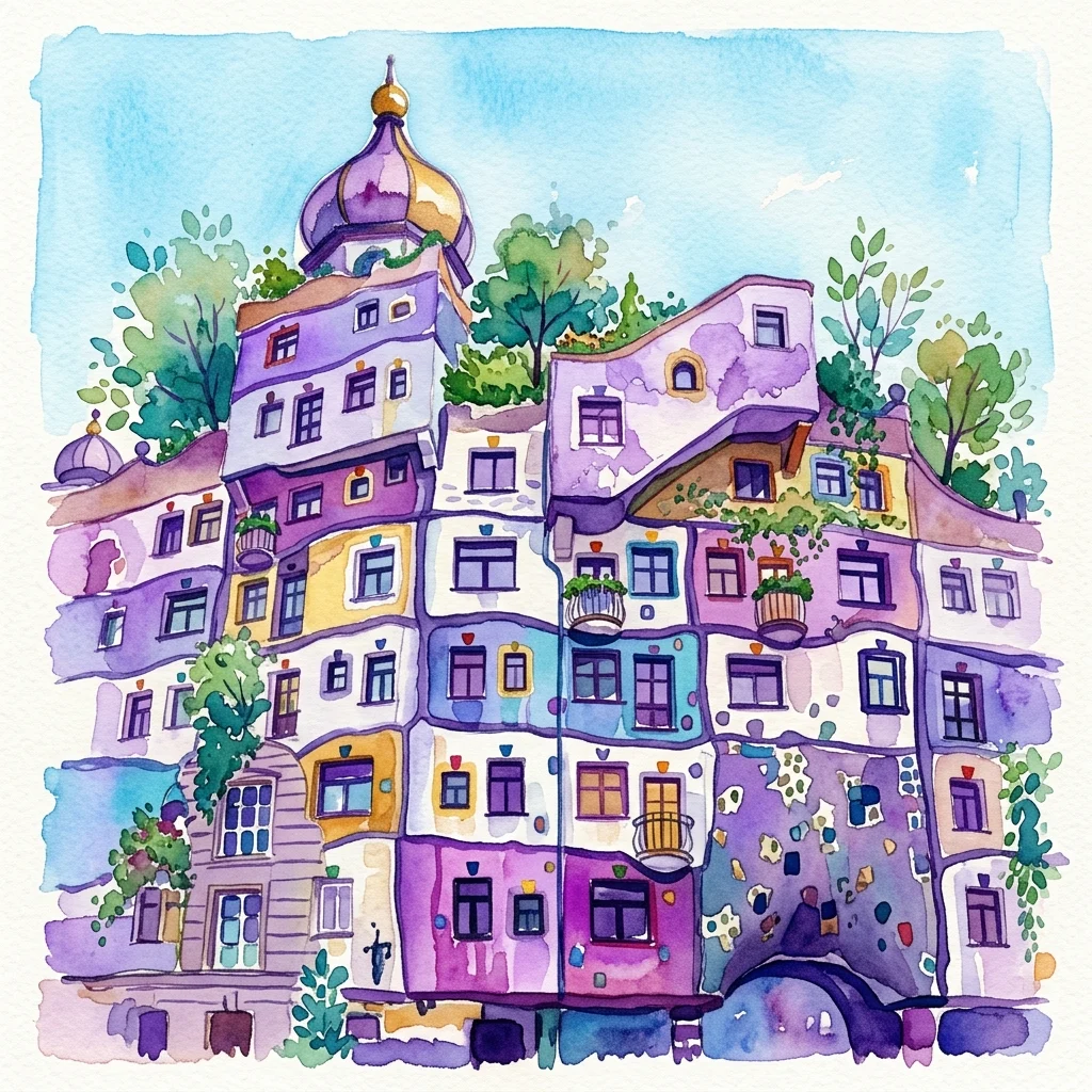 Een kleurrijke aquarelillustratie van het Hundertwasserhaus in Wenen, met de levendige, golvende gevel met organische ramen, groen op balkons en een kenmerkende paarse ui-koepel tegen een blauwe hemel.