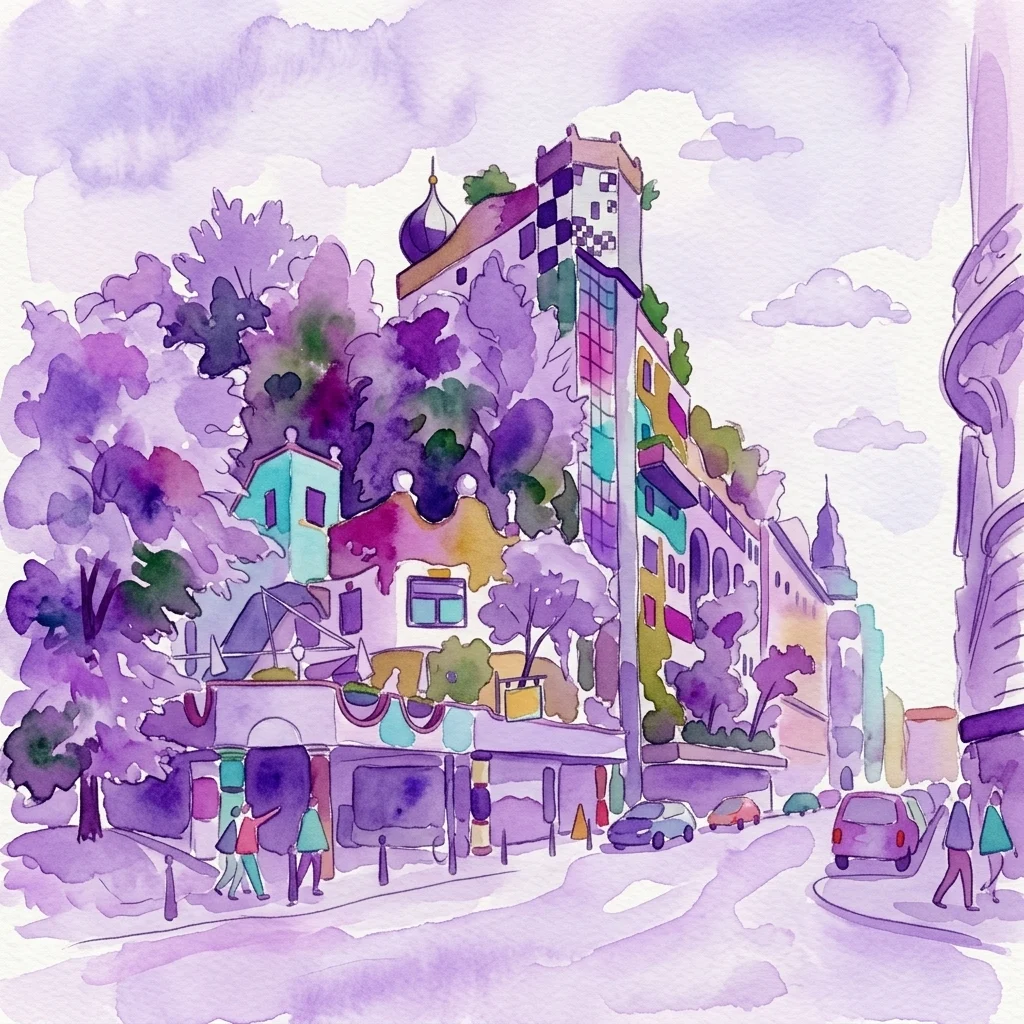 A watercolor illustration of Hundertwasser Village, showcasing its colorful, whimsical architecture with undulating walls, mismatched windows, and vibrant organic design in an urban setting.