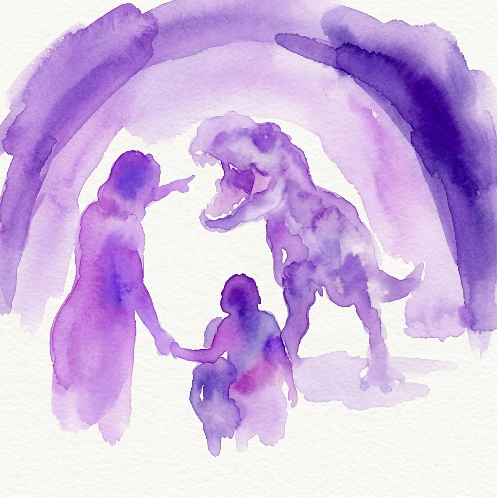 Ilustración en acuarela de una familia interactuando con una criatura prehistórica en un entorno inmersivo de tono púrpura.