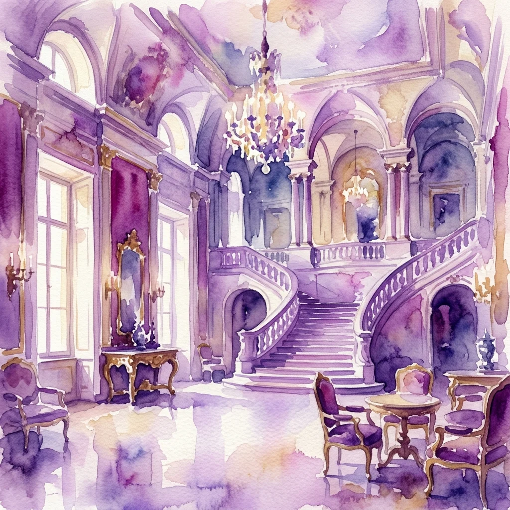 Ilustración en acuarela de los opulentos Apartamentos Imperiales del Palacio Imperial de Hofburg, con una gran escalera, candelabros y muebles de época en tonos morados y dorados.