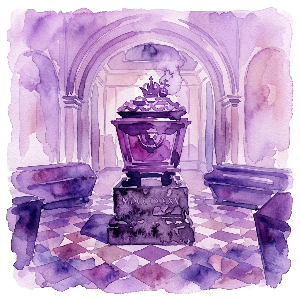 Ilustración en acuarela de la Cripta Imperial (Kaisergruft) con un sarcófago central con una corona, flanqueado por tumbas bajo bóvedas arqueadas, realizado en tonos púrpuras.