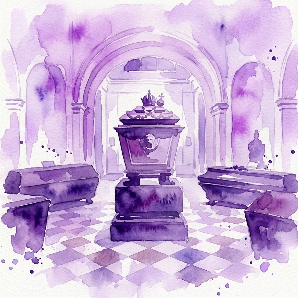 Waterverfillustratie van het interieur van de Keizerlijke Crypte, met sierlijke sarcofagen en gewelfde stenen gewelven, wat een sobere sfeer van keizerlijke geschiedenis weergeeft.