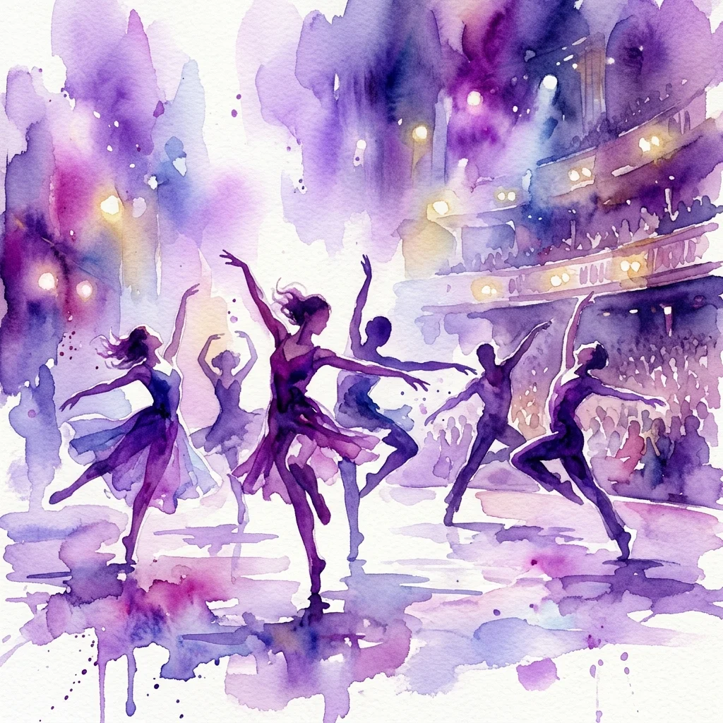 Ilustracja w akwareli przedstawiająca tancerzy występujących na scenie ImPulsTanz, międzynarodowego festiwalu tańca w Wiedniu, z żywym fioletowym oświetleniem i publicznością w tle.