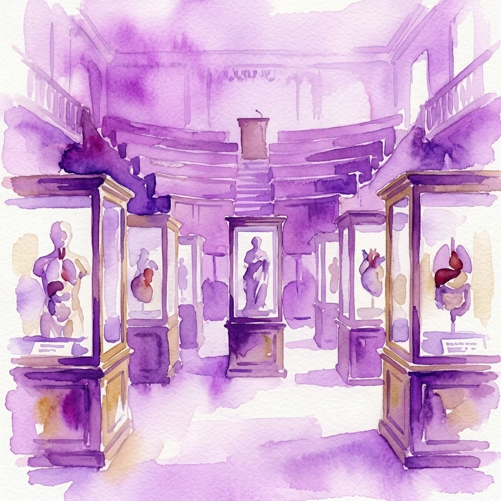 Waterverfillustratie van het interieur van het museum het Josephinum, met sierlijke vitrines met anatomische wasmodellen, waaronder een menselijke torso en hart, onder zachte paarse verlichting, die een historische wetenschappelijke sfeer weergeven.