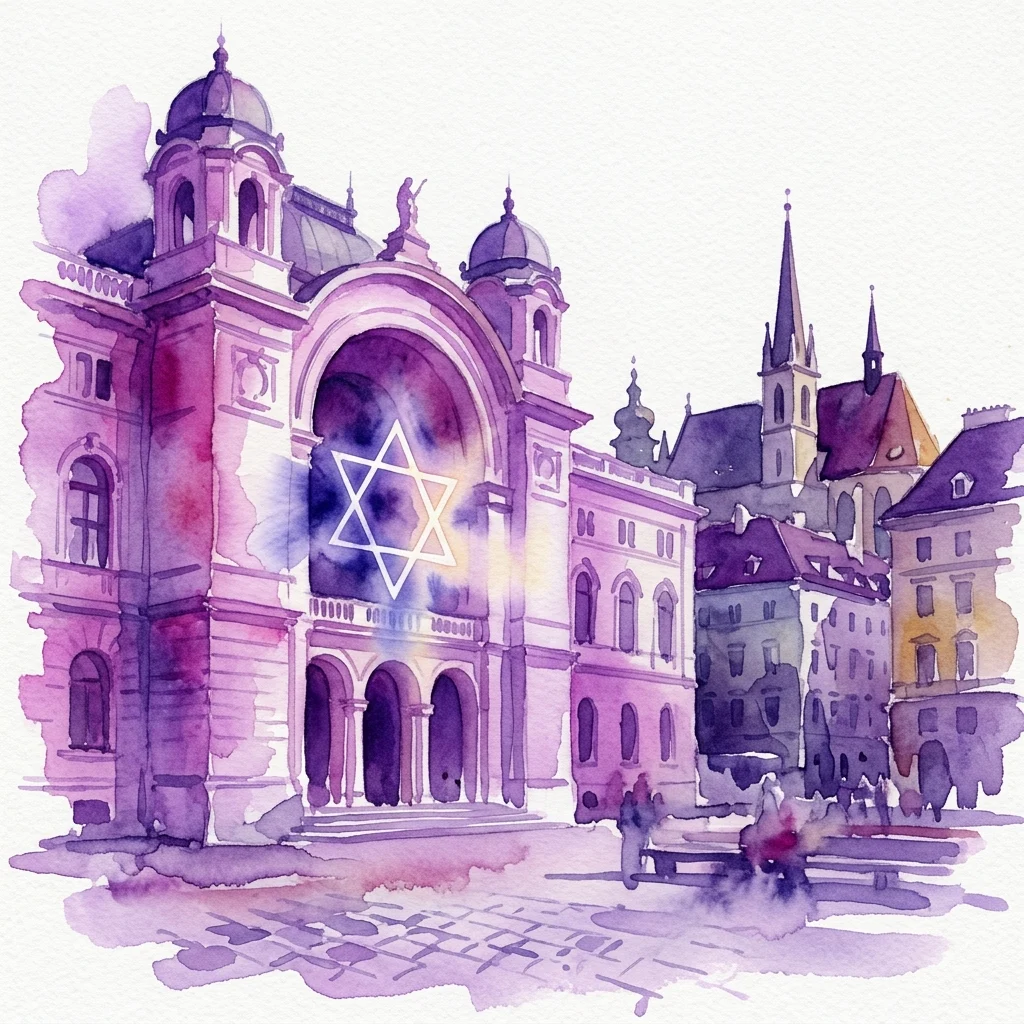 Ilustracja akwarelowa Muzeum Żydowskiego w Wiedniu, z widoczną na fasadzie instalacją świetlną w kształcie Gwiazdy Dawida, na tle historycznej architektury miasta.