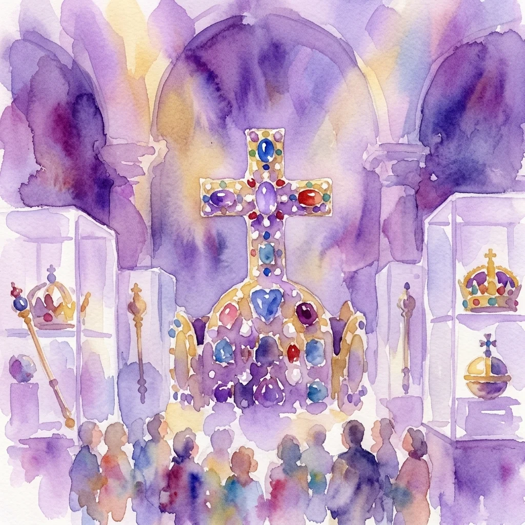 Waterverfschilderij van de Keizerlijke Schatkamer in Wenen, met een juwelenkruis, kronen en regalia die worden tentoongesteld, terwijl bezoekers kijken onder zachte paarse verlichting.