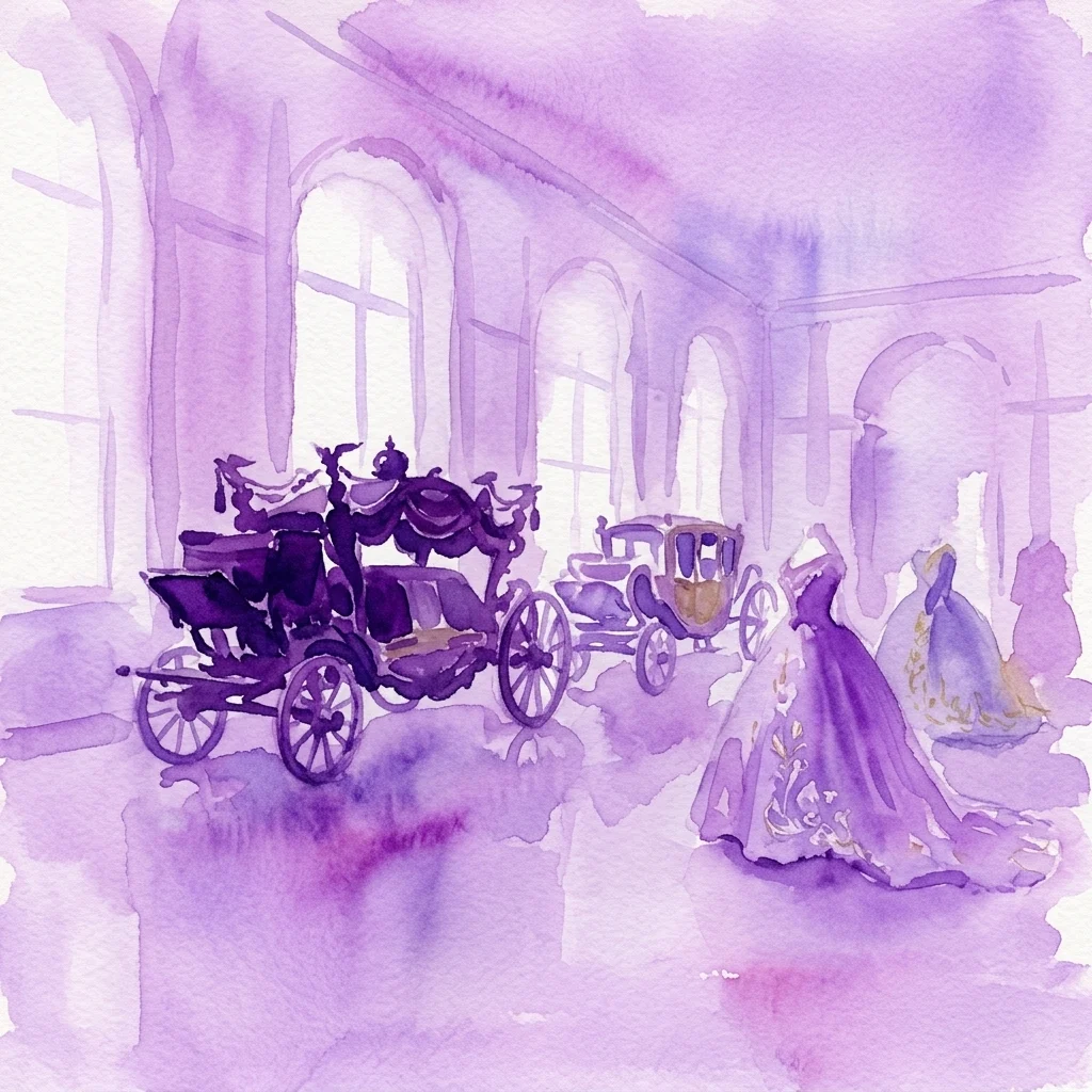 Ilustracja akwarelowa przedstawiająca cesarskie powozy i ozdobne suknie w wielkiej sali, reprezentująca wystawę Kaiserliche Wagenburg w Pałacu Schönbrunn.