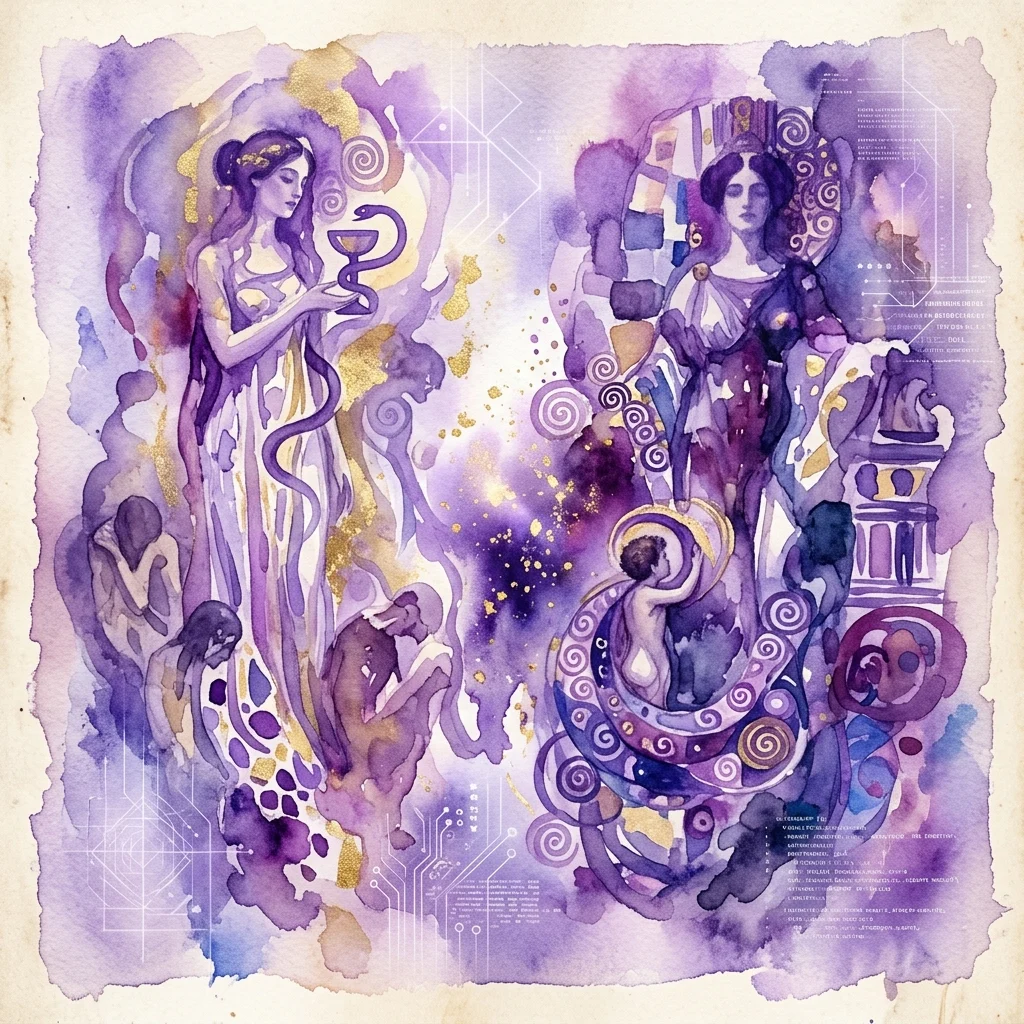 Wibrująca rekonstrukcja akwarelowa zaginionych Obrazów Wydziałowych Gustava Klimta, łącząca styl Art Nouveau z elementami cyfrowymi, przedstawiająca alegoryczne postacie medycyny i prawa w kolorach fioletu i złota.