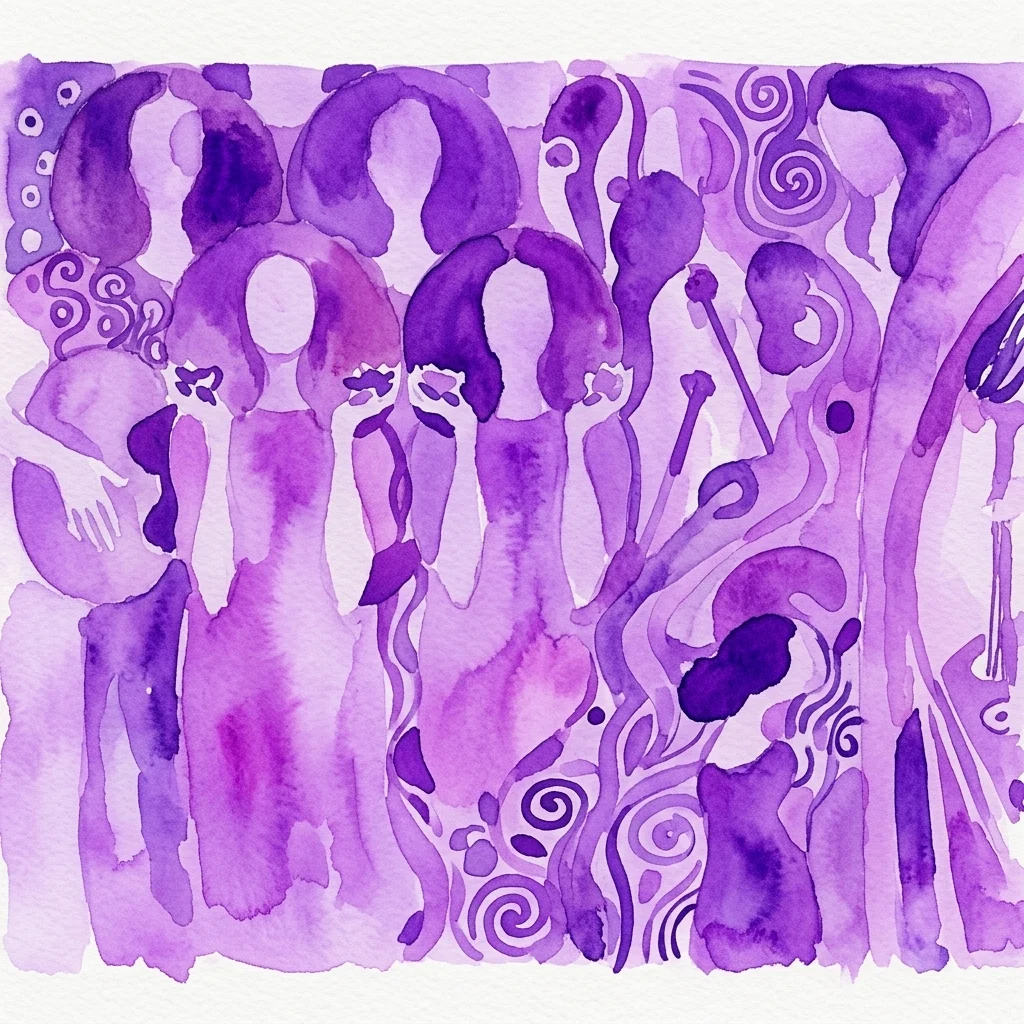 Fioletowa akwarelowa interpretacja Fryzu Beethovena Klimta, przedstawiająca stylizowane postacie i wirujące wzory Art Nouveau w różnych odcieniach fioletu.