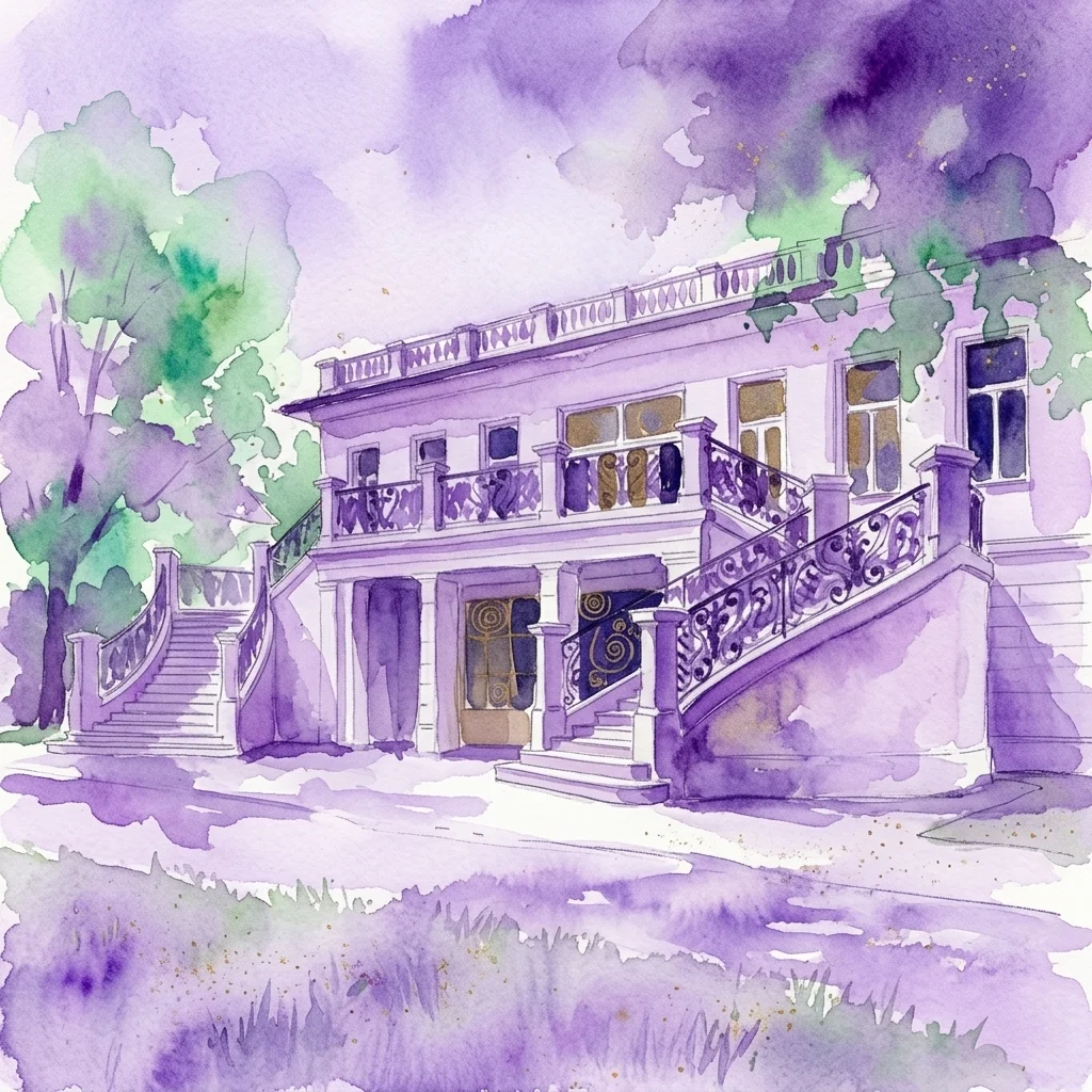 Ilustracja akwarelowa Klimt Villa, zabytkowego wiedeńskiego budynku w odcieniach fioletu i zieleni, z ozdobnymi balkonami, wspaniałymi klatkami schodowymi i otaczającą zielenią, przedstawiająca dawną pracownię i rezydencję Gustava Klimta.