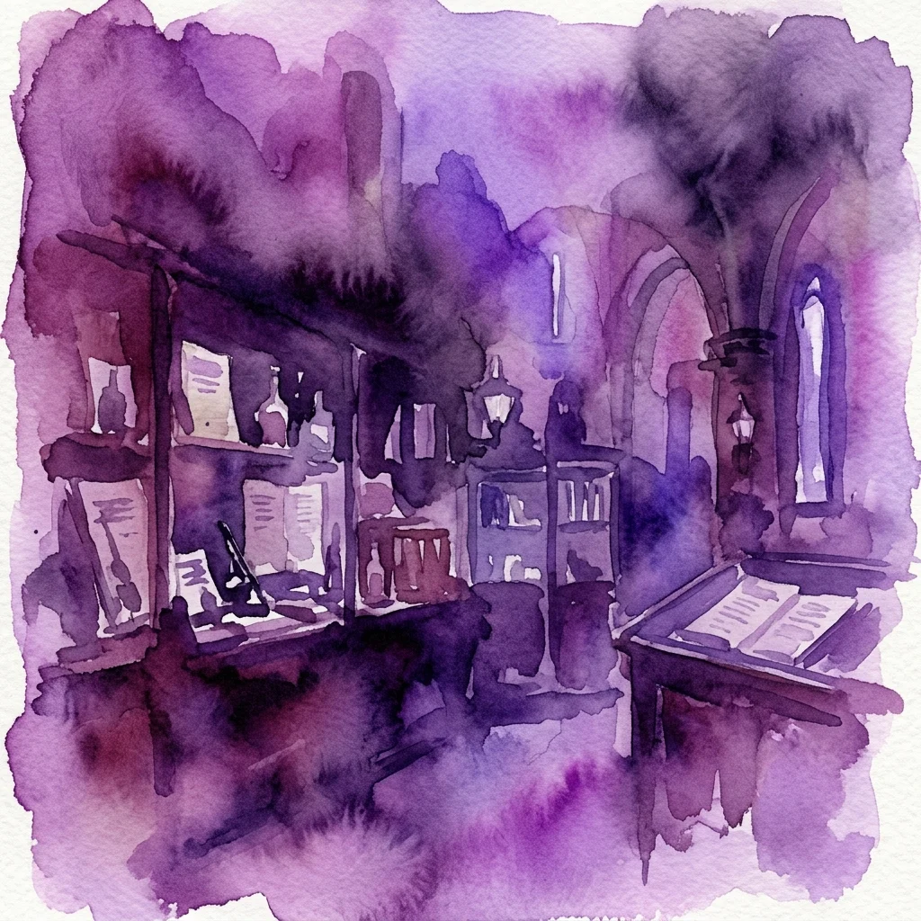 Ilustración en acuarela de una exposición de museo tenuemente iluminada con tonos púrpuras, que exhibe artefactos históricos y documentos en una sala de estilo gótico, evocando misterio e intriga.