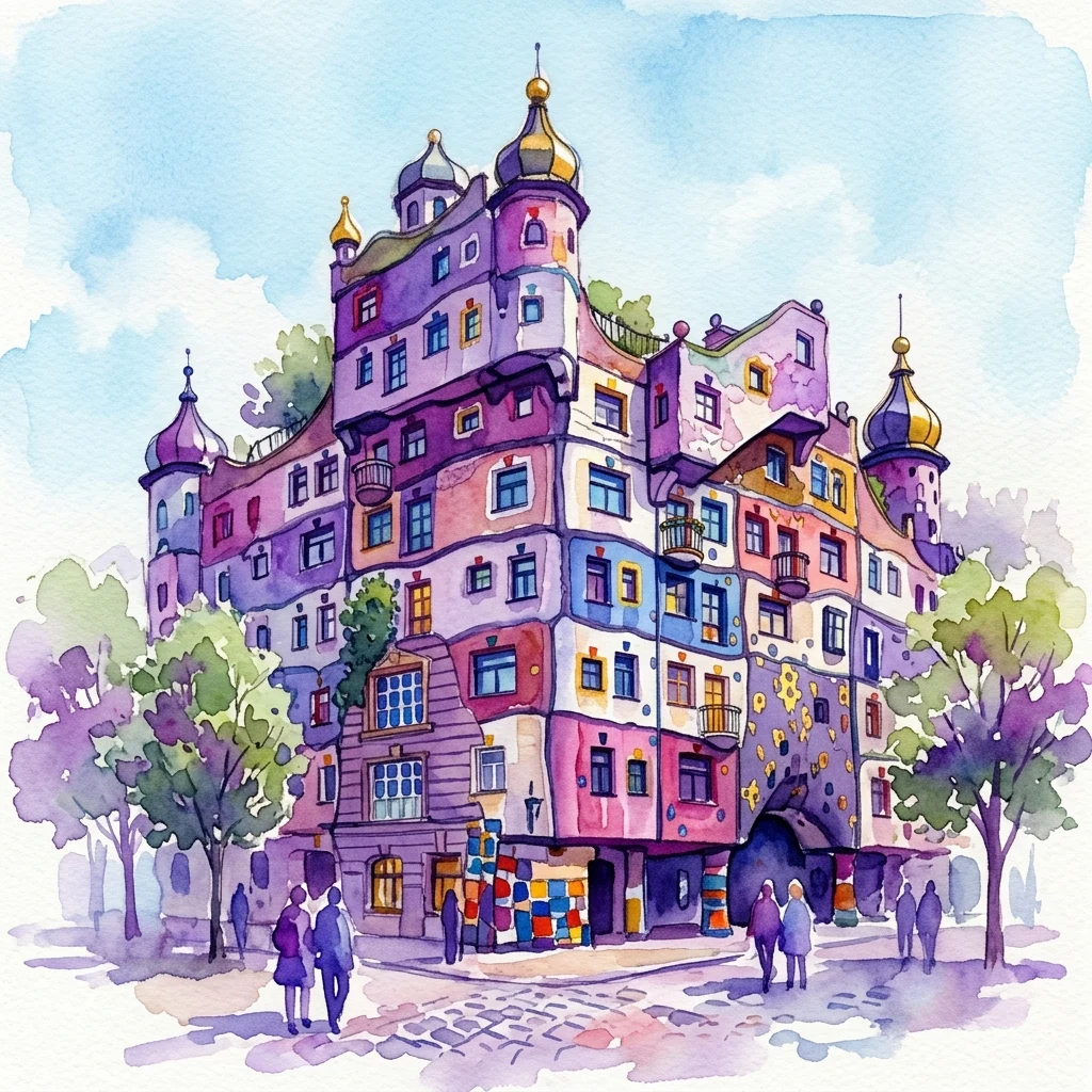 Ilustracja akwarelowa Muzeum Kunst Haus Wien Hundertwasser, prezentująca jego żywą, organiczną architekturę z kolorowymi mozaikowymi wzorami, zakrzywionymi liniami i złotymi kopułami pod błękitnym niebem.