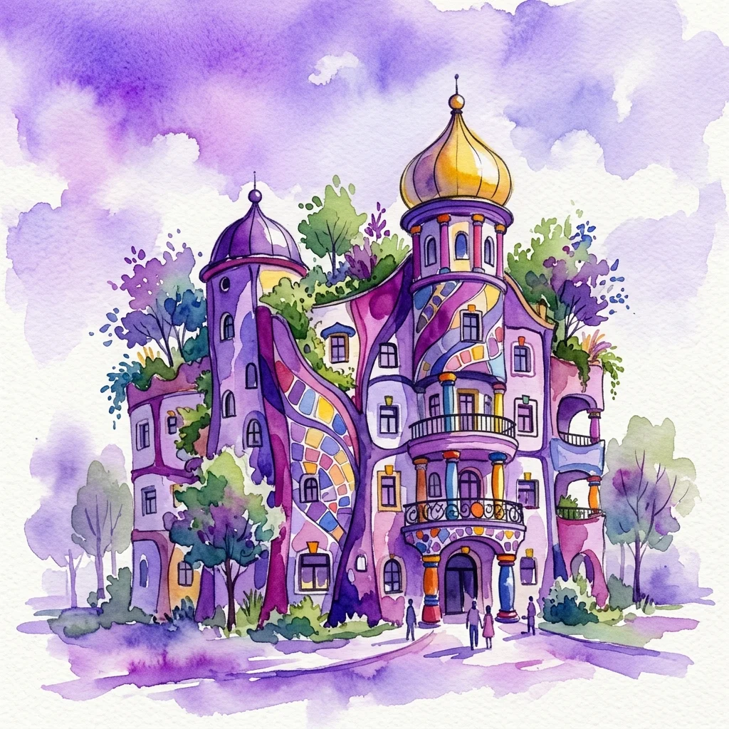 Ilustracja akwarelowa Kunst Haus Wien, kolorowego budynku zaprojektowanego przez Friedensreicha Hundertwassera, z żywymi fioletowymi i różowymi odcieniami, organicznymi kształtami, zielenią na fasadzie i złotą kopułą pod fioletowym niebem.