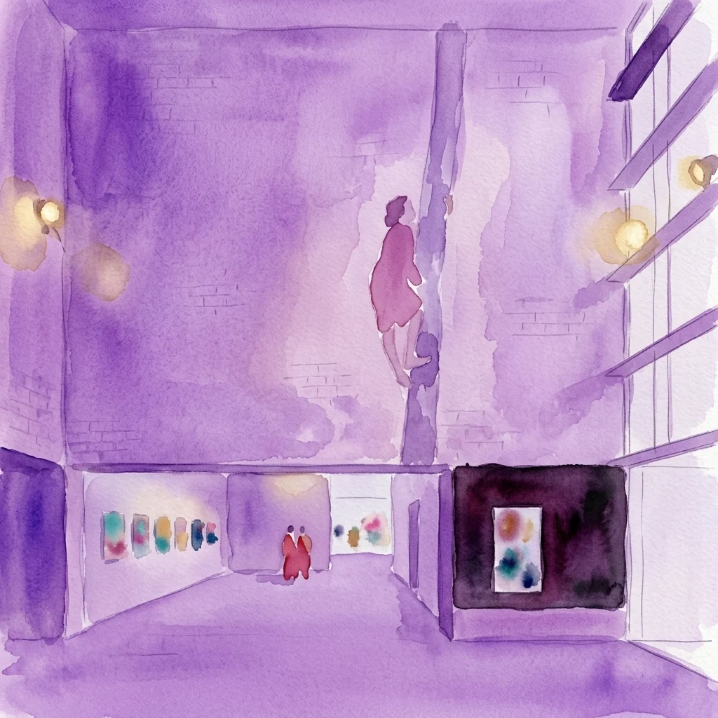 Ilustracja akwarelowa wnętrza współczesnej galerii sztuki w odcieniach fioletu, przedstawiająca dzieła sztuki na ścianach, osobę wspinającą się po filarze i zwiedzających eksplorujących przestrzeń.