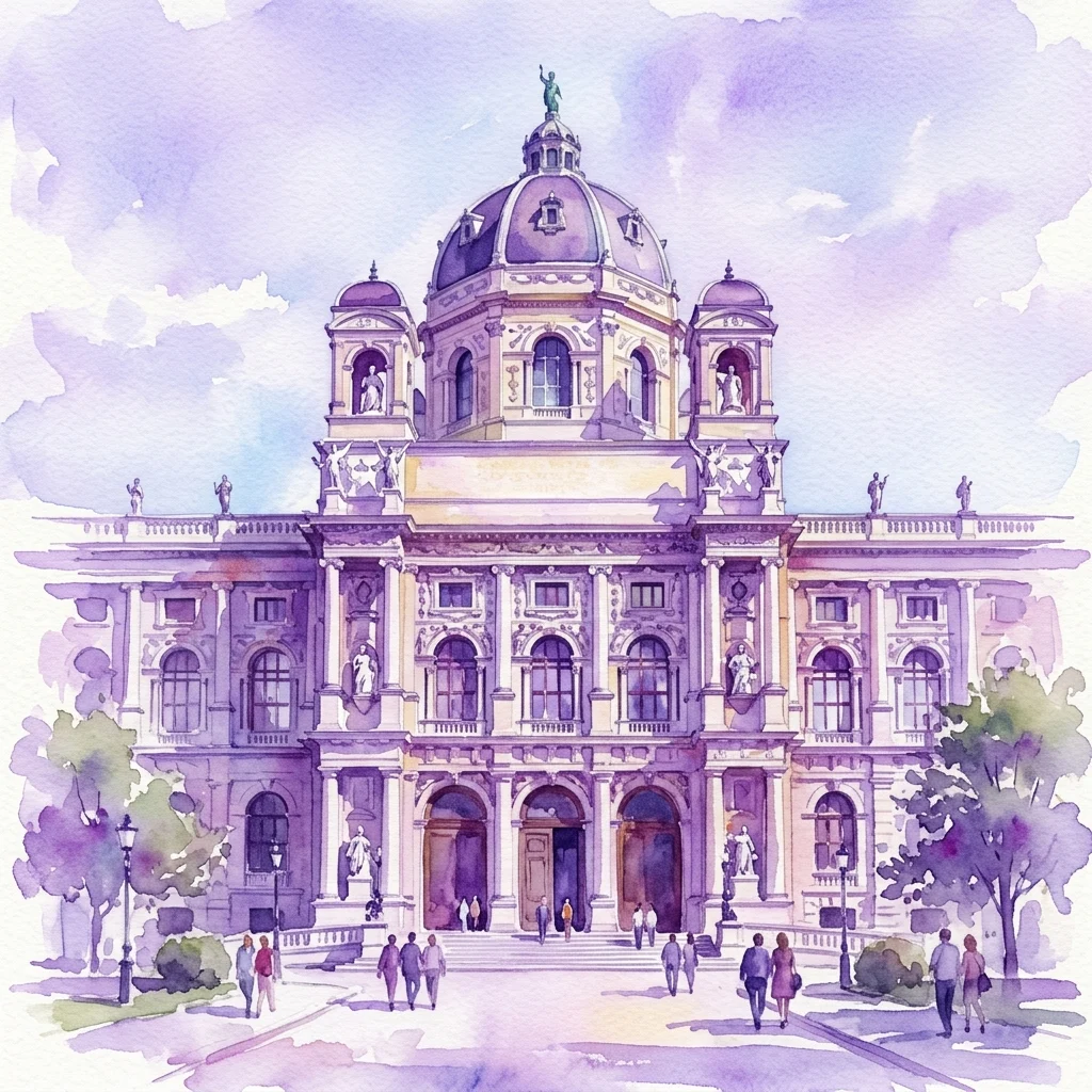 Ilustracja akwarelowa Muzeum Historii Sztuki w Wiedniu, prezentująca jego wspaniałą cesarską fasadę z centralną kopułą, ozdobną architekturą i posągami, pod miękkim fioletowym niebem.