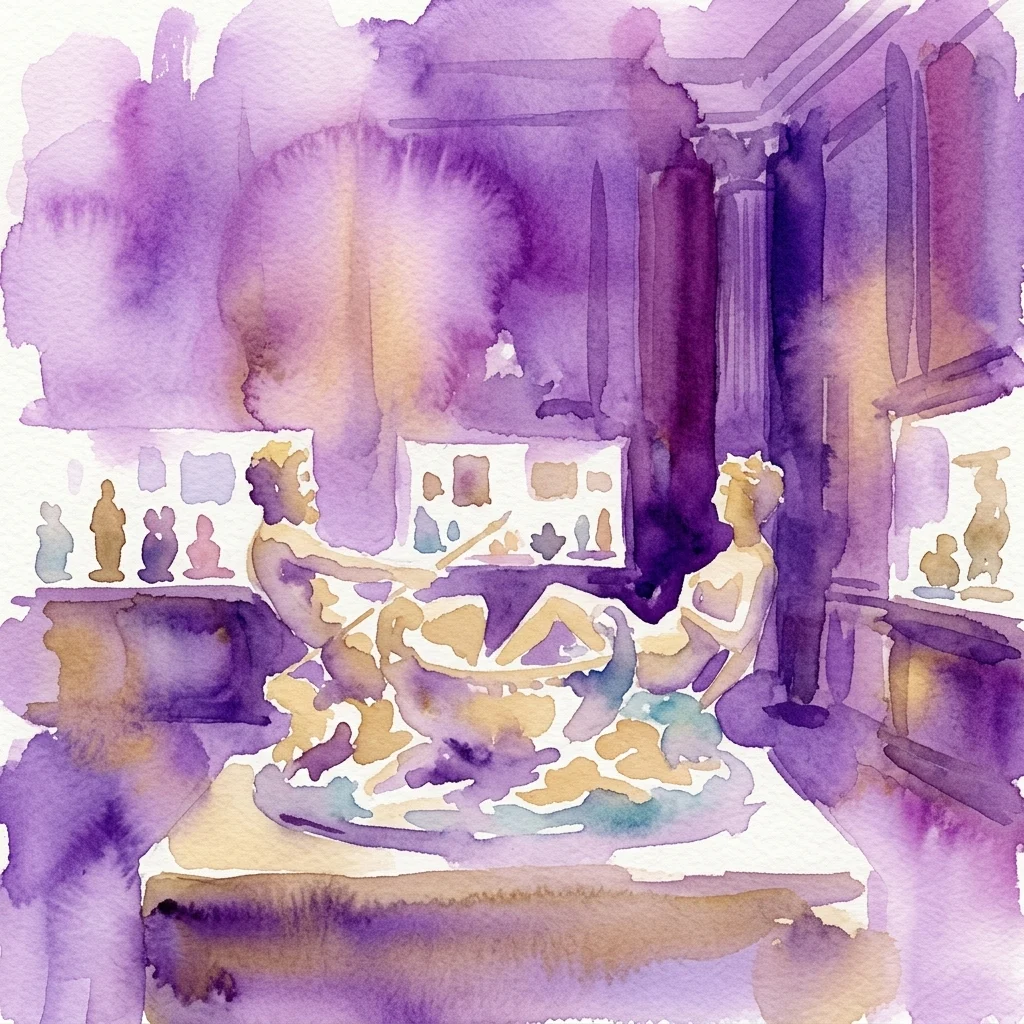 Ilustracja akwarelowa słabo oświetlonej galerii muzealnej z ozdobnymi gablotami, prezentująca złote rzeźby i artefakty historyczne, przywołująca wielkość kolekcji Kunstkammer Wiedeń.