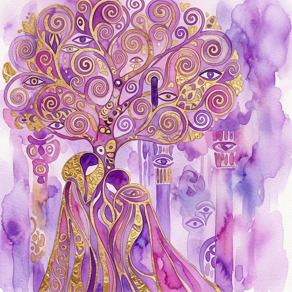 A vibrant Art Nouveau-style illustration featuring a tree with swirling purple and gold patterns, eyes, and figures in flowing robes, evoking Gustav Klimt's Jugendstil aesthetic.