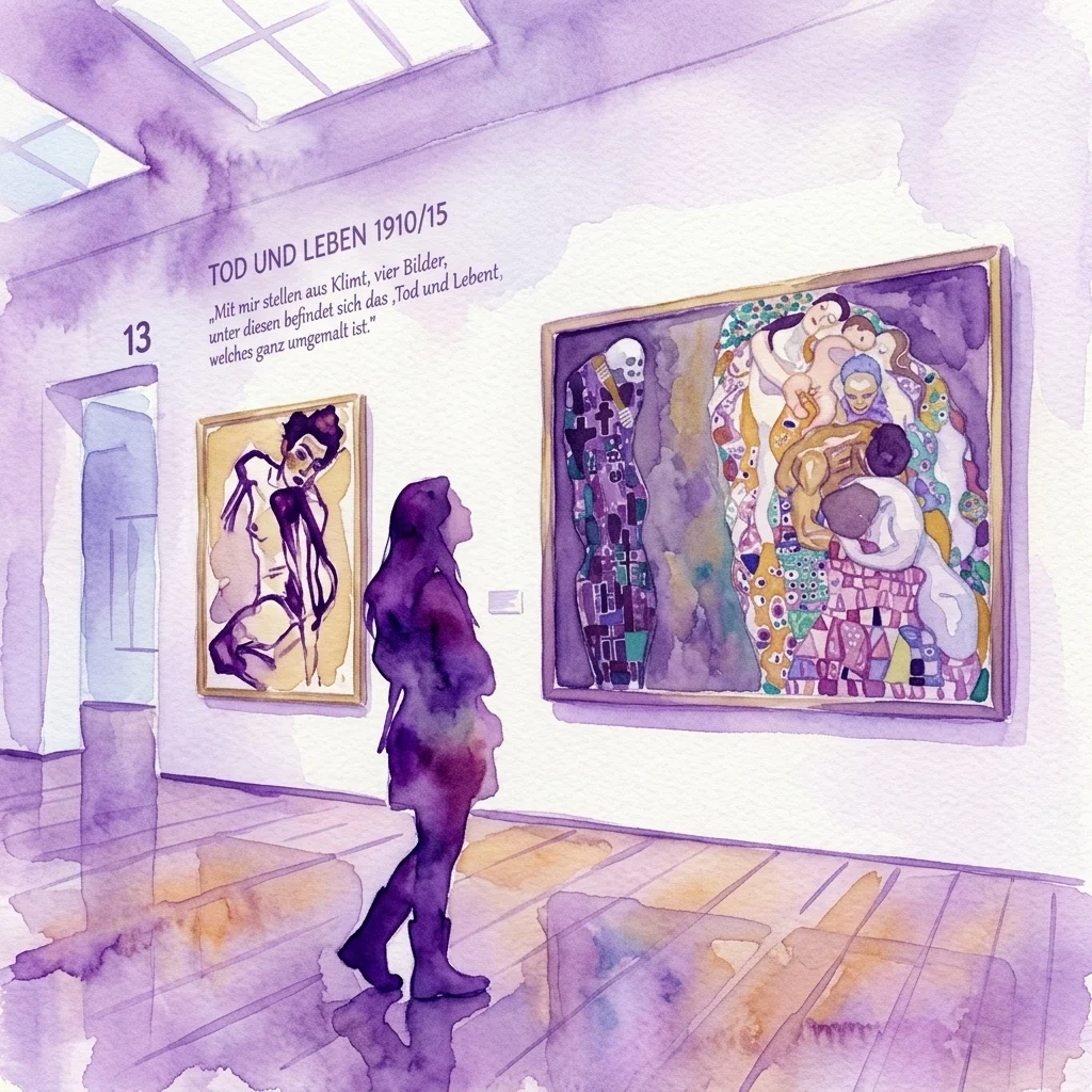 Una ilustración en acuarela de una galería de museo que presenta 'Tod und Leben' (1910/15) de Gustav Klimt y una pintura de Egon Schiele, con un visitante observando la obra de arte.
