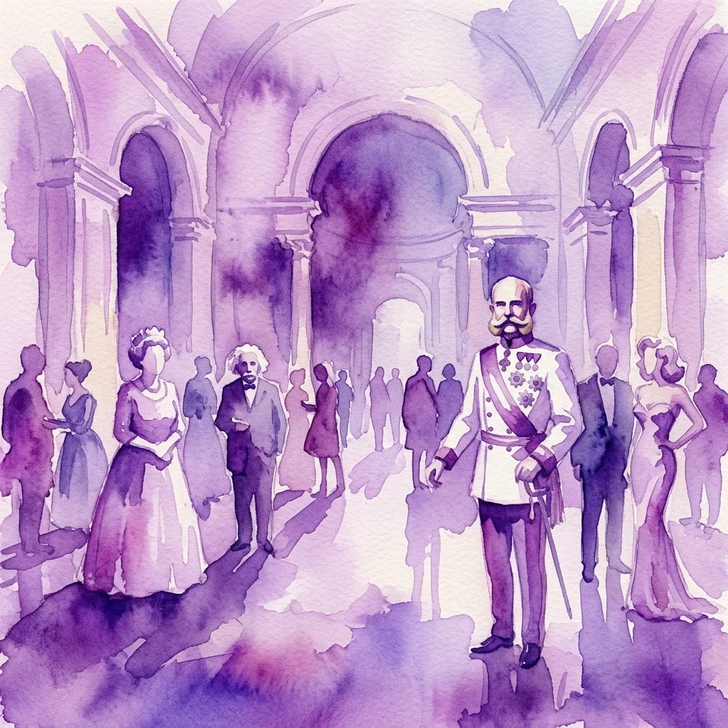 Ilustracja akwarelowa wielkiej sali z realistycznymi figurami woskowymi postaci historycznych i celebrytów, w tym wybitnej postaci męskiej w mundurze wojskowym, w eleganckim wnętrzu z łukami.